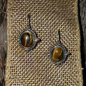 Tiger's Eye Silver Tone Drop Pierced Earrings